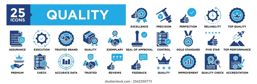 Quality icon collection set. Containing design business, certificate, guarantee, management	