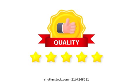 Quality icon with five star rating isolated on white background. Vector 3d illustration.