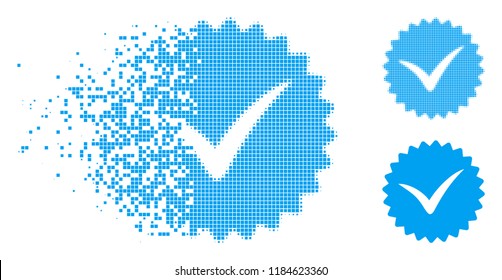 Quality icon in fragmented, pixelated halftone and entire versions. Fragments are composed into vector disappearing quality icon. Disappearing effect involves rectangle particles.