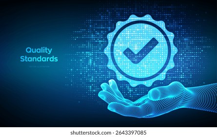 Ícone de qualidade feito com símbolos de moeda na mão. Garantia de controle de qualidade dos padrões ISO. Certificação de padronização ISO. Dólar, euro, iene, libra sinais de moeda fundo. Vetor.
