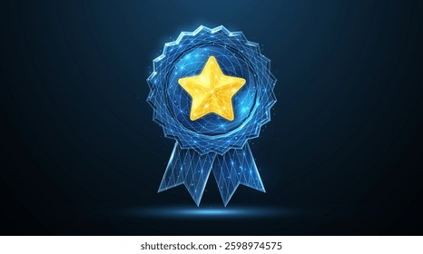Quality icon on blue background. Star award, satisfaction icon, customer feedback, excellent service, gold ribbon, best reputation, client opinion, success concept, certified, achievement quality.