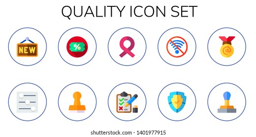 quality icon set. 10 flat quality icons.  Simple modern icons about  - new, controls, discount, stamp, ribbon, test, no wifi, shield, medal