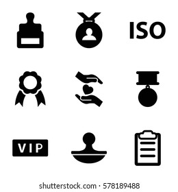 quality icon. Set of 9 quality filled icons such as vip, stamp, medal, hands holding heart, clipboard, ribbon