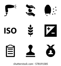 quality icon. Set of 9 quality filled icons such as wheat, hair dryer, medal, stamp, honeycomb, hands holding heart, clipboard, light exposure