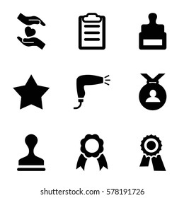 quality icon. Set of 9 quality filled icons such as stamp, hair dryer, award, medal, hands holding heart, clipboard, ribbon