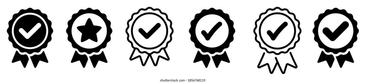 Quality icon set. Approval check vector icon. Approved or verified medal icon. certified badge symbol, quality sign. Certified check mark ribbon label. Vector premium product certified or best choice r