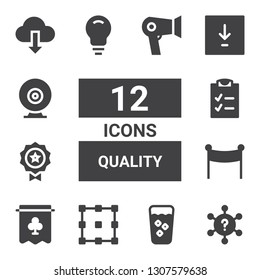 quality icon set. Collection of 12 filled quality icons included Question, Fresh, Allocation, Banner, Medal, Checklist, Idea, Download, Webcam, Hair dryer