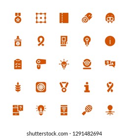 quality icon set. Collection of 25 filled quality icons included Idea, Tennis, Free wifi, Question, Ribbon, Information, Medal, Music memos, Wheat, Webcam, Hair dryer, Checklist