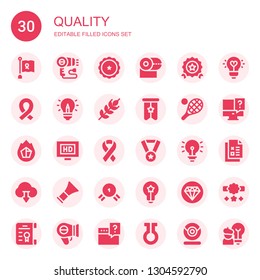 quality icon set. Collection of 30 filled quality icons included Ribbon, Hairdryer, Toilet paper, Quality, Idea, Wheat, Banner, Tennis, Charcoal, Hd, Medal, Download, Barber, Question