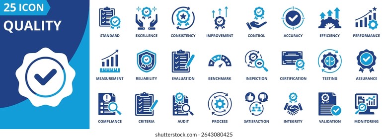 quality icon set collection in dual tone style. an icon pack contain standard, excellence, consistency, improvement, control, accuracy, efficiency, performance, reliability, measurement