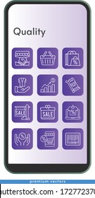 conjunto de iconos de calidad. incluido regalo, tienda en línea, apretón de manos, bolsa de compras, beneficios, venta, chaqueta, descuento, código de barras, cesta de compras, íconos del carro en el fondo del diseño del teléfono. estilos lineales.