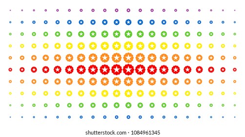 Quality icon spectral halftone pattern. Vector quality pictograms are arranged into halftone grid with vertical rainbow colors gradient. Constructed for backgrounds, covers,