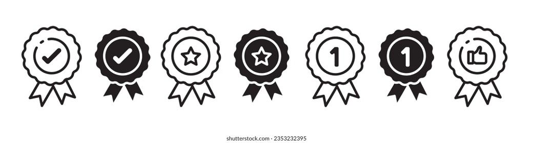 Quality Icon. symbol of award medal of winner champion in sport. vector set of trophy reward prize who come first place in rank. Outline sign of standard premium product with satisfaction guarantee 