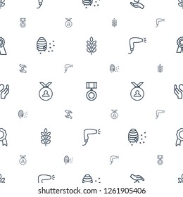 quality icons pattern seamless white background. Included editable outline wheat, medal, hands holding heart, honeycomb, hair dryer, award icons. quality icons for web and mobile.