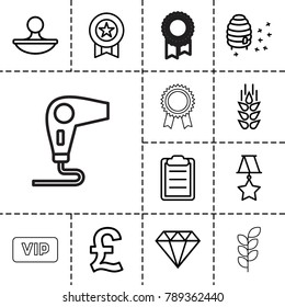 Quality icons. set of 13 editable outline quality icons such as wheat, medal, gem, pound, honeycomb, clipboard, stamp, vip, hair dryer