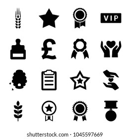 Quality icons. set of 16 editable filled quality icons such as wheat, vip, stamp, pound, star, clipboard, ribbon, medal, star, award, honeycomb