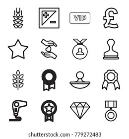 Quality icons. set of 16 editable outline quality icons such as wheat, star, medal, stamp, gem, pound, hands holding heart, ribbon, light exposure, vip