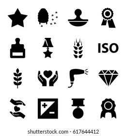 Quality icons set. set of 16 quality filled icons such as wheat, stamp, hair dryer, award, honeycomb, hands holding heart, light exposure, ISO, medal, star