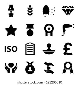 Quality icons set. set of 16 quality filled icons such as wheat, hair dryer, Star, medal, honeycomb, hands holding heart, clipboard, stamp, ribbon, ISO, gem