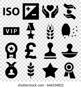 Quality icons set. set of 16 quality filled icons such as wheat, vip, award, medal, stamp, honeycomb, hands holding heart, light exposure, iso, star