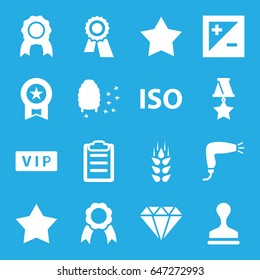 Quality icons set. set of 16 quality filled icons such as wheat, vip, hair dryer, star, award, stamp, honeycomb, clipboard, ribbon, light exposure, iso, medal, star