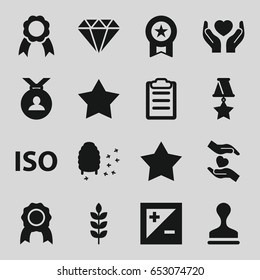 Quality icons set. set of 16 quality filled icons such as wheat, star, medal, stamp, honeycomb, hands holding heart, clipboard, ribbon, light exposure, iso, star