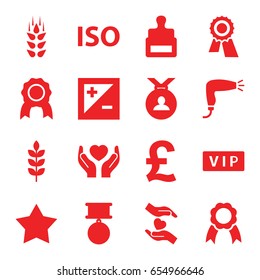 Quality icons set. set of 16 quality filled icons such as wheat, vip, stamp, hair dryer, star, award, medal, hands holding heart, ribbon, light exposure, iso