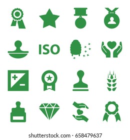 Quality icons set. set of 16 quality filled icons such as wheat, stamp, award, medal, honeycomb, hands holding heart, ribbon, light exposure, iso, star