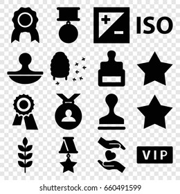 Quality icons set. set of 16 quality filled icons such as wheat, vip, stamp, star, award, medal, honeycomb, hands holding heart, light exposure, iso