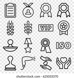 Quality icons set. set of 16 quality outline icons such as vip, wheat, hair dryer, award, medal, stamp, hands holding heart, clipboard, ribbon