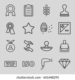Quality icons set. set of 16 quality outline icons such as vip, stamp, wheat, hair dryer, star, award, medal, honeycomb, hands holding heart, clipboard, light exposure, iso