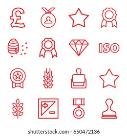 Quality icons set. set of 16 quality outline icons such as stamp, wheat, star, medal, honeycomb, ribbon, light exposure, iso, gem, pound