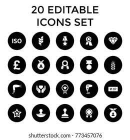 Quality icons. set of 20 editable filled quality icons such as wheat, vip, hair dryer, award, medal, stamp, gem, pound. best quality quality elements in trendy style.