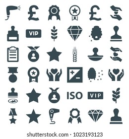 Quality icons. set of 36 editable filled quality icons such as wheat, vip, stamp, hair dryer, star, medal, gem, pound, honeycomb, hands holding heart, star, clipboard, ribbon