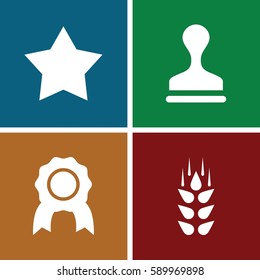 quality icons set. Set of 4 quality filled icons such as wheat, stamp, star