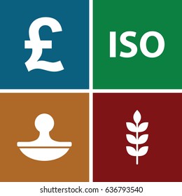 Quality icons set. set of 4 quality filled icons such as wheat, stamp, iso