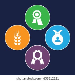 Quality icons set. set of 4 quality filled icons such as wheat, award, medal
