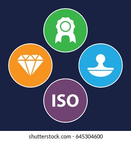 Quality icons set. set of 4 quality filled icons such as stamp, iso, medal