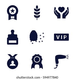 quality icons set. Set of 9 quality filled icons such as wheat, vip, stamp, hair dryer, medal, honeycomb