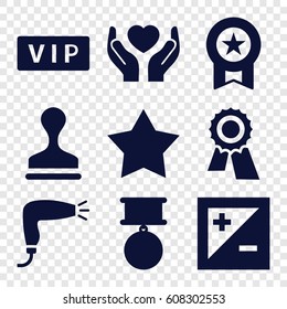 Quality icons set. set of 9 quality filled icons such as vip, hair dryer, Star, award, stamp, hands holding heart, light exposure
