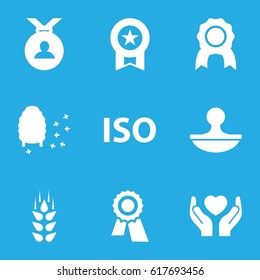 Quality icons set. set of 9 quality filled icons such as wheat, award, medal, honeycomb, hands holding heart, stamp