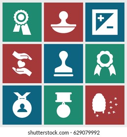 Quality icons set. set of 9 quality filled icons such as award, medal, stamp, honeycomb, hands holding heart, ribbon