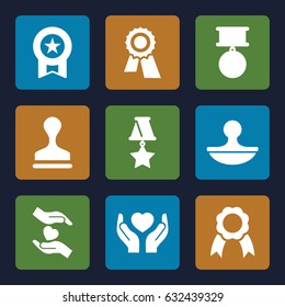 Quality icons set. set of 9 quality filled icons such as award, stamp, hands holding heart, ribbon