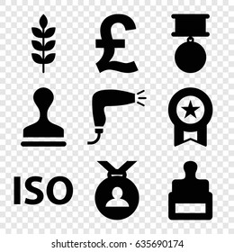 Quality icons set. set of 9 quality filled icons such as wheat, stamp, hair dryer, medal, iso