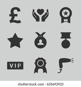 Quality icons set. set of 9 quality filled icons such as vip, hair dryer, medal, hands holding heart, star