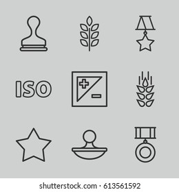 Quality icons set. set of 9 quality outline icons such as wheat, stamp, light exposure, ISO, medal