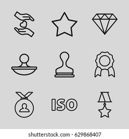 Quality icons set. set of 9 quality outline icons such as star, medal, stamp, hands holding heart, iso