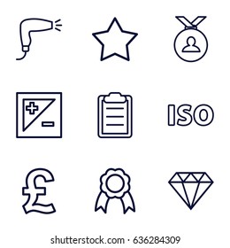 Quality icons set. set of 9 quality outline icons such as hair dryer, star, medal, clipboard, ribbon, light exposure, iso, gem
