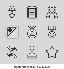 Quality icons set. set of 9 quality outline icons such as medal, stamp, hands holding heart, clipboard, ribbon, light exposure
