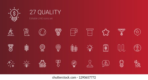 quality icons set. Collection of quality with risk, stamp, idea, download, e commerce, stars, wheat, ideas, recommended, medal, star, toilet paper. Editable and scalable quality icons.